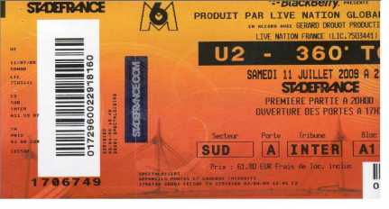 Foto: Verkauft Konzertschei U2 STADE DE FRANCE - STADE DE FRANCE