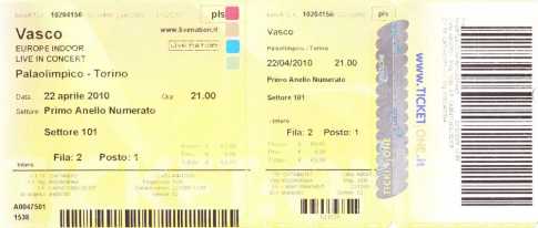 Foto: Verkauft Konzertschein CONCERTO VASCO DEL 22 APRILE 2010 - TORINO