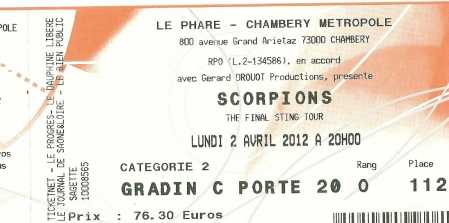 Foto: Verkauft Konzertschei CONCERT DE SCORPION 02.04.2012 - CHAMBERY