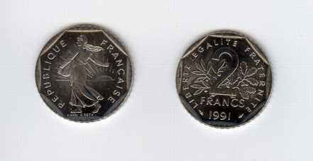 Foto: Verkauft Währung / Münzen / Zahlen 2 FRANCS SEMEUSE 1991