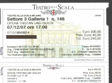 Foto: Verkauft Theaterschein TRISTANO E ISOTTA PRIMA ASSOLUTA - TEATRO ALLA SCALA PRIMA ASSOLUTA