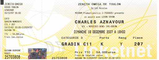 Foto: Verkauft Konzertscheine CHARLES AZNAVOUR - ZENITH OMEGA TOULON